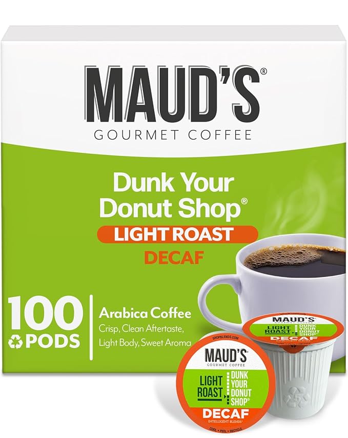 Maud's Decaf Donut Shop Coffee Pods, 100 ct, Decaffeinated Light Roast Coffee in Recyclable Single Serve Pods – 100% Arabica Beans, Compatible with Keurig K Cups Maker