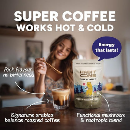 HabitONE Organic Mushroom Coffee Arabica – Lion’s Mane, Cordyceps, Reishi, Chaga – Alpha-GPC & L-Tyrosine, B12 & B3 – Better Energy, Focus, Digestion & Immunity – Made in USA – 30 Servings - Unroasted Coffee Beans