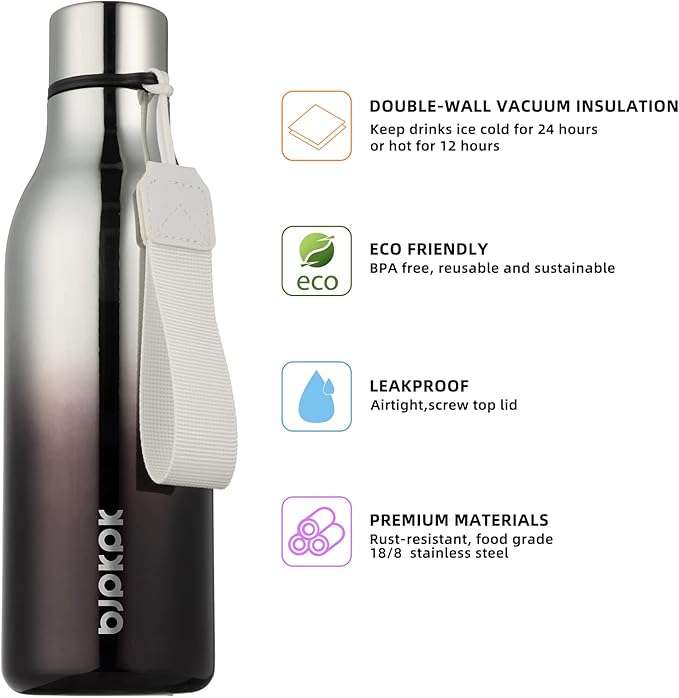 BJPKPK Insulated Water Bottles, 18 oz Stainless Steel Metal Water Bottle with Strap, BPA Free Leak Proof Jugs, Mugs, Flasks, Reusable Thermal Flasks for Sports & Travel, Silver Miner