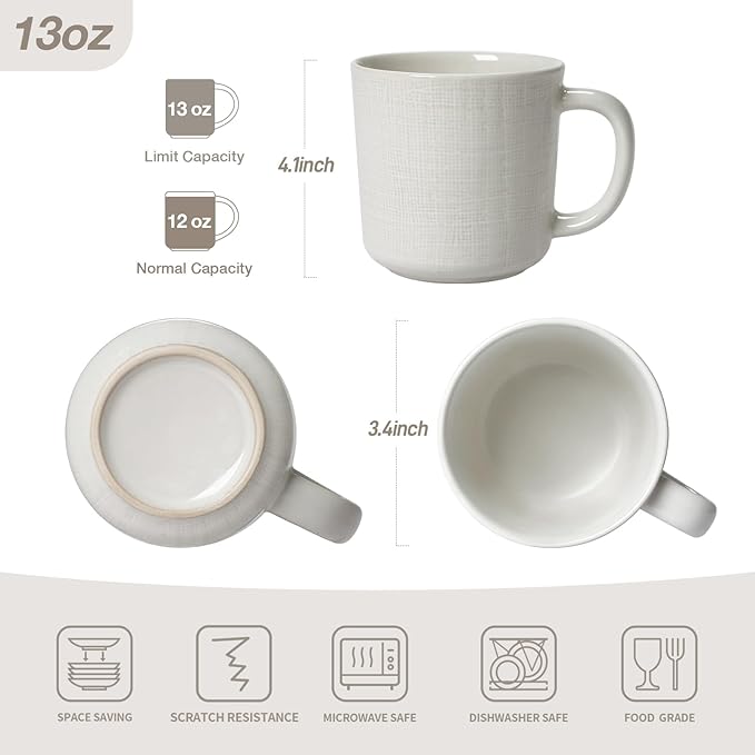 famiware Moonlight Coffee Mug Set of 4, 13oz Mug Set with Linen Finish, Coffee Cup Set with Handle for Latte, Cappuccino, Tea, Hot Cocoa, Microwave and Dishwasher Safe, White