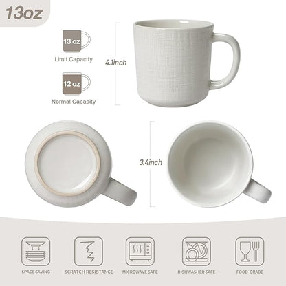 famiware Moonlight Coffee Mug Set of 4, 13oz Mug Set with Linen Finish, Coffee Cup Set with Handle for Latte, Cappuccino, Tea, Hot Cocoa, Microwave and Dishwasher Safe, White