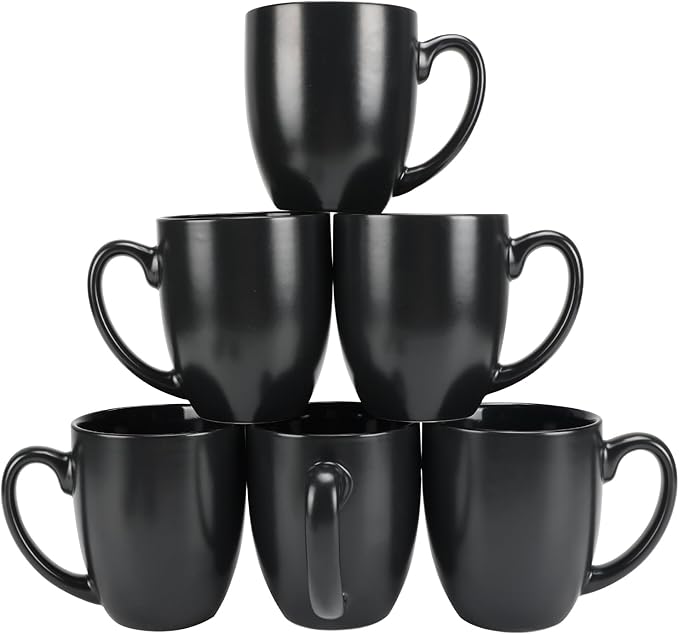 Schliersee 16 OZ Black Coffee Mugs Set of 6, Large Porcelain Mug for Cup for Latte, Hot Tea, Cappuccino, Mocha, Cocoa, Housewarming Wedding Stoneware Mug Present