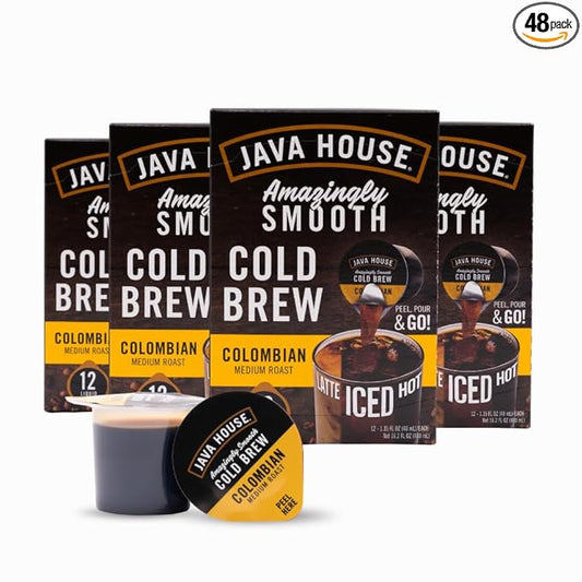 JAVA HOUSE Medium Roast Colombian Cold Brew Pods, (48 Count) Peel and Pour Pods Hot or Iced Instant Coffee Concentrate