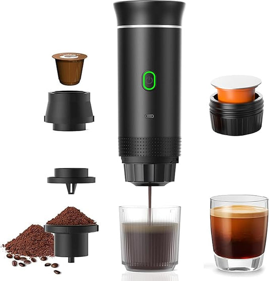 Portable Electric Espresso Machine - Self-Heating Travel Coffee Maker with USB-C, Compatible with Ground Coffee, NES & DG Capsules | Ideal for Camping, Car, Office, & Hiking