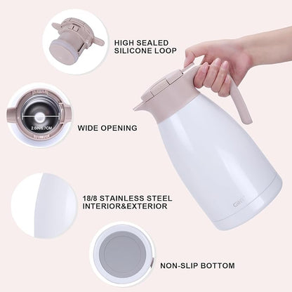 GiNT 2.2L / 74Oz Thermal Coffee Carafe, Insulated Stainless Steel Coffee Carafes for Keeping Hot/Double Walled Vacuum Thermal Carafe (White)