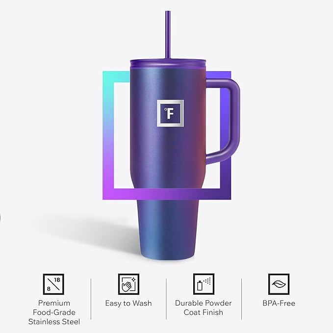 IRON °FLASK Co-Pilot Insulated Mug w/Straw & Flip Cap Lids - Cup Holder Bottle for Hot, Cold Drink - Leak-Proof- Water, Coffee Portable Travel Tumbler - Clementine, 40 Oz