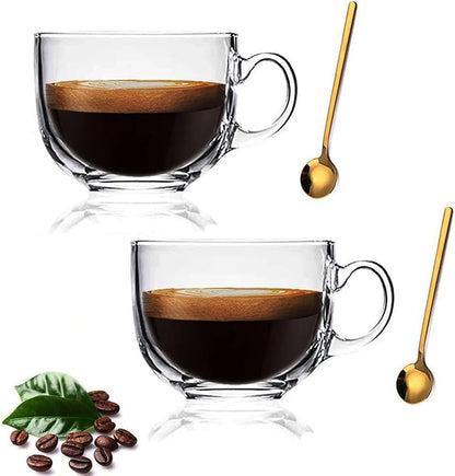 Large Clear Glass Coffee Mugs Set of 2,14.8 oz(440ml)-Wide Mouth Tea Cups with Handle and Spoon Transparent Drinking for Cappuccino Cups, Latte, Milk color 4 Piece