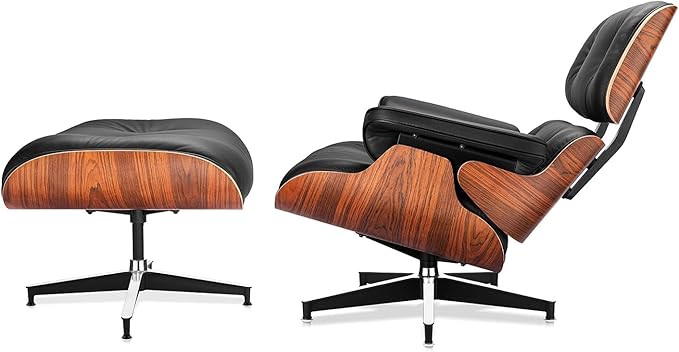 Premium Black Grain Leather, Mid Century Modern Chaise Lounge & Ottoman Set, Classic Design Chair, Heavy Duty Base Support for Living Room, Lounge, Office, Palisander Wood（Palisander-black, Upgraded)