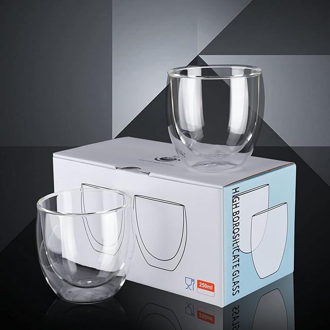 8oz Glass Coffee Mugs Set of 2, Double Walled Espresso Cups for Latte Cappuccino Cocoa Milk Cafe Juice, Clear Glass Tea Cup Set Glassware Gift for Christmas Birthday