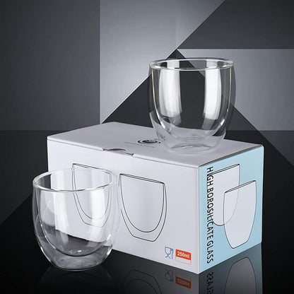 8oz Glass Coffee Mugs Set of 2, Double Walled Espresso Cups for Latte Cappuccino Cocoa Milk Cafe Juice, Clear Glass Tea Cup Set Glassware Gift for Christmas Birthday