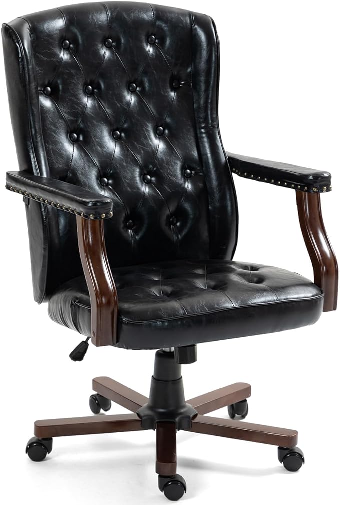 ECOTOUGE Ergonomic Executive Office Chair, Tufted Faux Leather Home Office Desk Chair, Vintage Wingback Swivel Work Chair, Black