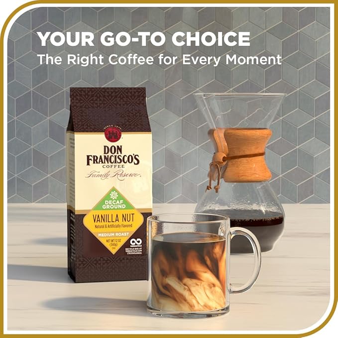 Don Francisco's Premium Decaf Vanilla Nut Flavored Ground Coffee: 99.7% Caffeine-Free, 100% Arabica Beans, Rich Aroma, Perfect for Drip, Pour-Over, and French Press (3 X 12 oz Bag)