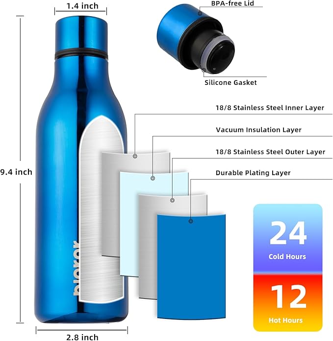 BJPKPK Insulated Water Bottles, 18 oz Stainless Steel Metal Water Bottle with Strap, BPA Free Leak Proof Jugs, Mugs, Flasks, Reusable Thermal Flasks for Sports & Travel, Shining Blue
