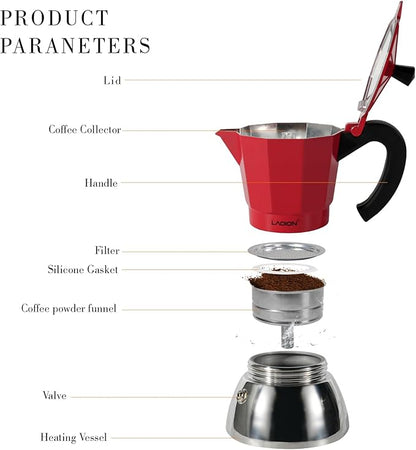 Stovetop Espresso Maker, 6Cup Moka Pot, Espresso Machine Compatible with Induction Cooktops, 300ml Stainless Steel & Aluminum Cuban Coffee Maker for Cafetera Cubana, Red