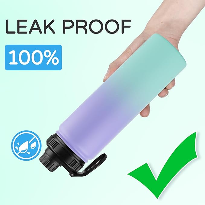 DOMICARE Insulated Water Bottle, 22 oz Vacuum Insulated Stainless Steel Reusable Sports Bottle with Straw Lid & Spout Lid for Travel, Camping, Bike, Leakproof, Purple/Green, 1 Pack