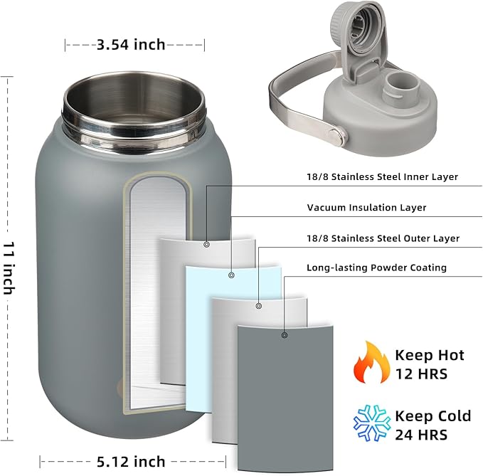 BJPKPK Half Gallon Insulated Water Bottles, 64oz Water Jug with Metal Handle & BPA Free Spout Lid, Dishwasher Safe Thermo, Large Stainless Steel Gym Sport Jugs, Grey