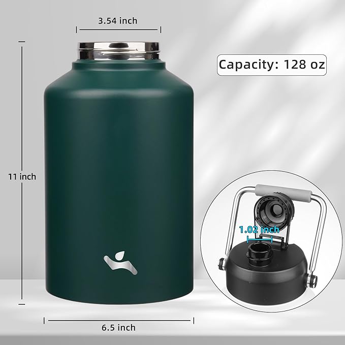 1 Gallon Jug with Handle,128 oz Insulated Water Bottle with Carrying Pouch, Double Wall Vacuum Stainless Steel Metal Bottle,Dark Green