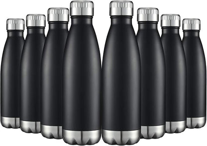 HASLE OUTFITTERS 17oz Stainless Steel Water Bottles Bulk, Vacuum Insulated Double Walled Reusable Metal Sports Water Bottles Keep Drinks Hot and Cold, Black, 8Packs