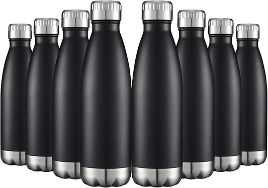 HASLE OUTFITTERS 17oz Stainless Steel Water Bottles Bulk, Vacuum Insulated Double Walled Reusable Metal Sports Water Bottles Keep Drinks Hot and Cold, Black, 8Packs
