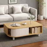 Load image into Gallery viewer, Boho 39.4" Coffee Table with Storage - Leaf-Shaped Wood Center Table, Retro Fluted Central Table with Sliding Door &amp; Large Hidden Compartment, for Living Room Home Office, Oak