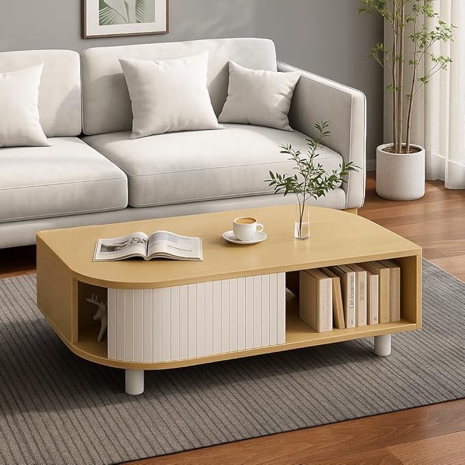 Boho 39.4" Coffee Table with Storage - Leaf-Shaped Wood Center Table, Retro Fluted Central Table with Sliding Door & Large Hidden Compartment, for Living Room Home Office, Oak