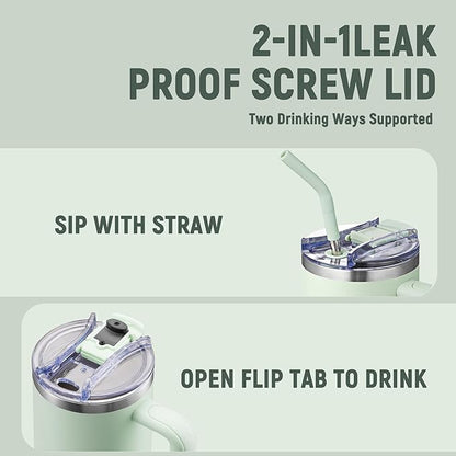 COKTIK 40 oz Tumbler With Handle and Straw Lid, Vacuum Insulated Travel Coffee Mug Stainless Steel Insulated Cup for Beverages, Leak-proof, Cupholder Friendly (Seafoam)