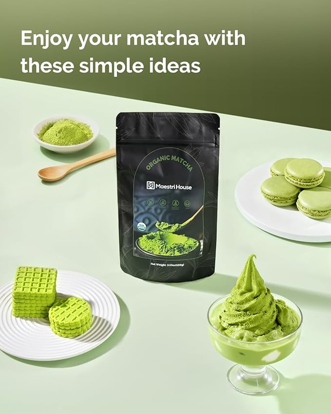 Maestri House Matcha Green Tea Powder, Authentically Culinary Grade from Japan, 100% Pure Organic, Rich Matcha Flavor, for Baking, Desserts & Lattes (3.53oz/100g)