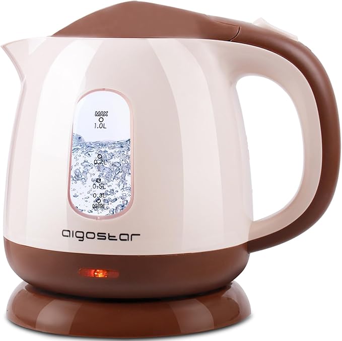 Aigostar Small Electric Kettle, 1L Portable Electric Tea Kettle 1100W with Automatic Shut-Off and Boil Dry Protection, Travel Hot Water Boiler Cordless for Making Coffee and Tea, BPA-Free, Brown