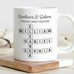 Load image into Gallery viewer, Family Forever Linked Together Custom Names Ceramic Mug, Crossword Puzzle Art, for Birthday, Anniversary or Special Occasions (Brothers &amp; Sisters Forever Linked Together White Mug Ver 1)