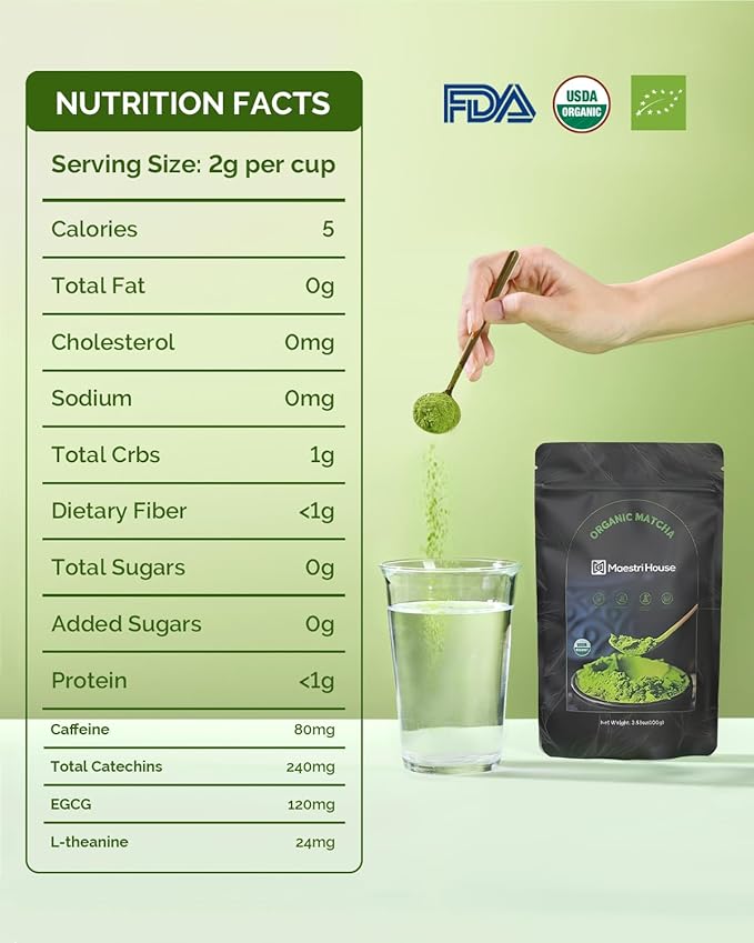 Maestri House Matcha Green Tea Powder, Authentically Culinary Grade from Japan, 100% Pure Organic, Rich Matcha Flavor, for Baking, Desserts & Lattes (3.53oz/100g)