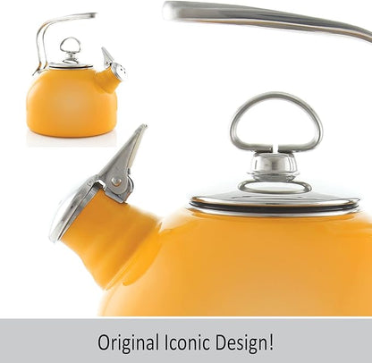 Chantal Classic Teakettle, 1.8 QT, Enamel On Steel, 2-Tone Harmonica Whistle, Rapid Boil and Even Heating (Marigold)