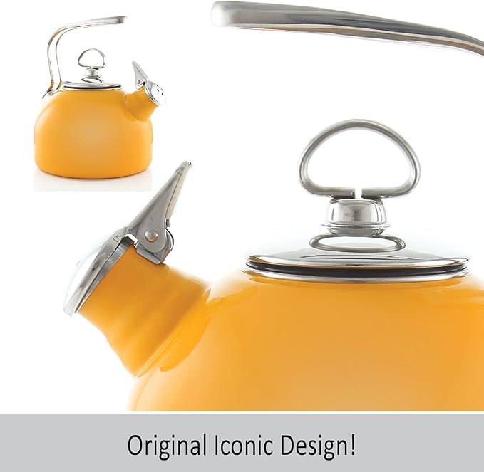 Chantal Classic Teakettle, 1.8 QT, Enamel On Steel, 2-Tone Harmonica Whistle, Rapid Boil and Even Heating (Marigold)