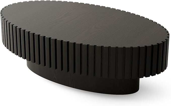 43.31" Oval Drum Coffee Table, Modern Handcraft Fluted Drum Center Table, Wooden Oval Coffee Table Center Table with Sturdy Pedestal for Living Room Apartment (Black)