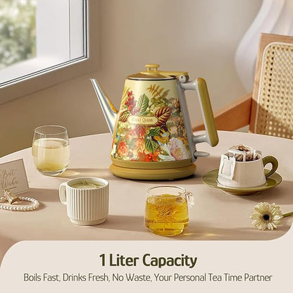 Hazel Quinn Retro X Eduardo Recife Collaboration Electric Kettle- 1 Litres / 34 Ounces Retro Small Tea Kettle, Double Wall, 304 Stainless Steel, 800W Fast Boiling, Cordless, BPA-Free, Auto Shut-Off