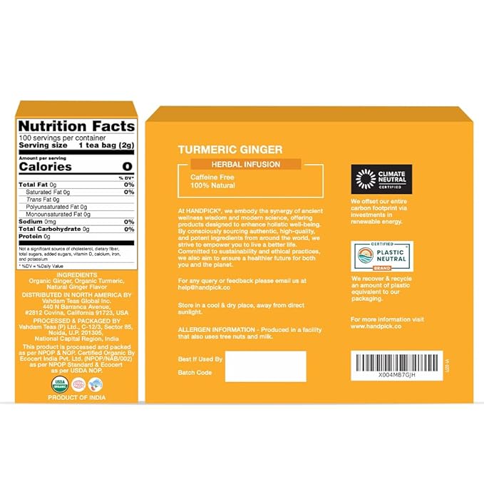 HANDPICK, Organic Turmeric Ginger Tea (100 Tea Bags) | Authentic Indian Origin | Caffeine Free, Gluten Free, Non-GMO | 100% Pure Herbal Blend - Savory & Spicy I Ecofriendly round tea bags