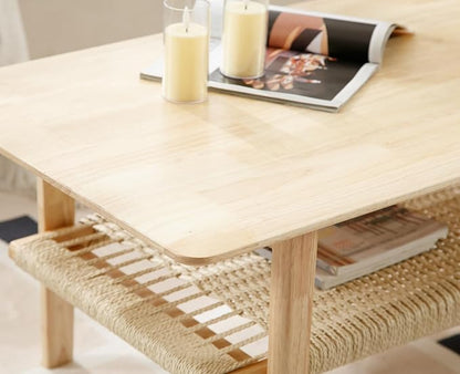 chairus Farmhouse Coffee Table Rectangular Living Room Table with Rattan Storage Solid Wood Center Table for Apartment, Home, Office, Natural