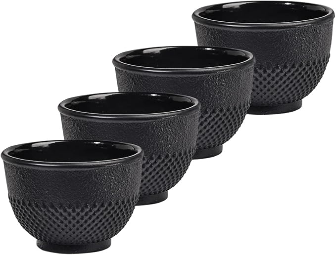 Sungmor Cast Iron Black Teacups, Set of 4 & 5 oz - Japanese Tea Cups with Enamel Interior, Traditional Gongfu Tea Set, Durable Heat-Retaining Tetsubin Style Drinkware