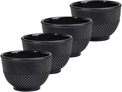 Sungmor Cast Iron Black Teacups, Set of 4 & 5 oz - Japanese Tea Cups with Enamel Interior, Traditional Gongfu Tea Set, Durable Heat-Retaining Tetsubin Style Drinkware
