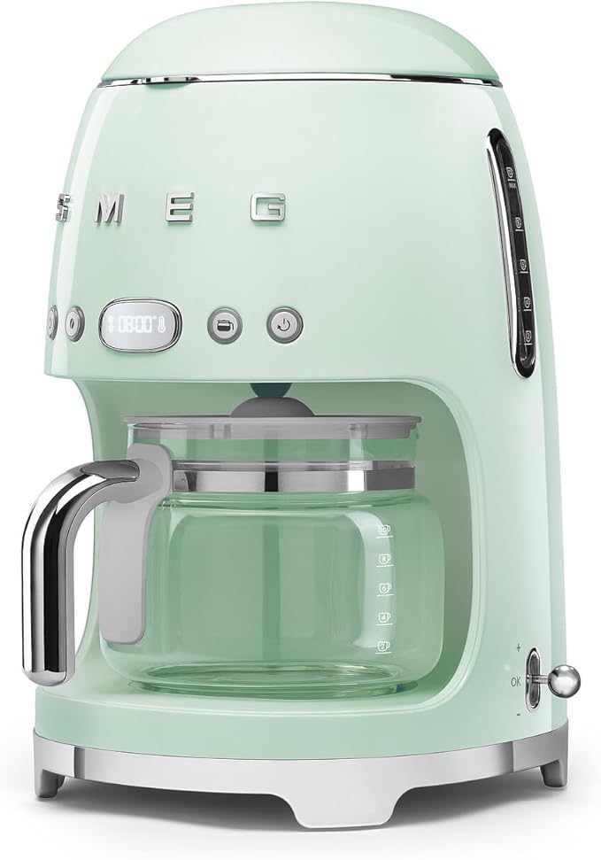 Smeg 50's Retro Style Aesthetic Drip Coffee Machine with 10 Cup Glass Carafe, Auto Start Feature, Keep Warm Plate, and Two Coffee Strength Settings (Pastel Green)