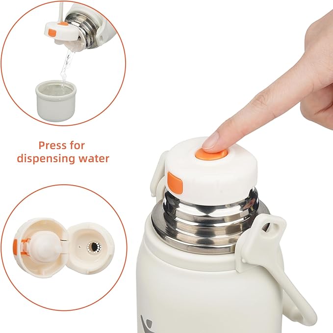 Insulated Water Bottle with Handle and Strap,Vacuum Travel Tumbler with Cup Lid,Thermo Coffee Cup for Hot Cold Drinks 27 OZ,Beige