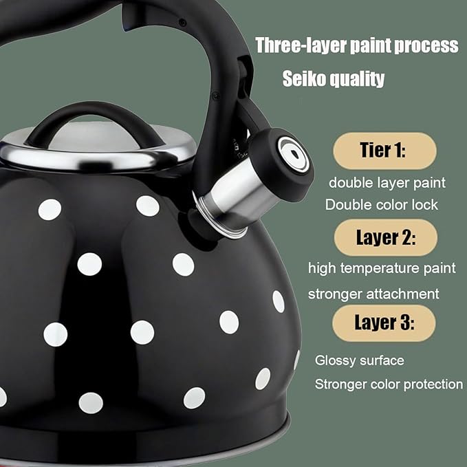 Tea Kettle Stovetop, Whistling Teapot 304 Stainless Steel 3.2 Quart Teakettle, Polka Dot Teapots for Stove Top, Whistle Tea Pot with Cool Touch Ergonomic Handle (Black/White, 3.2 Quarts)