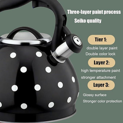 Tea Kettle Stovetop, Whistling Teapot 304 Stainless Steel 3.2 Quart Teakettle, Polka Dot Teapots for Stove Top, Whistle Tea Pot with Cool Touch Ergonomic Handle (Black/White, 3.2 Quarts)
