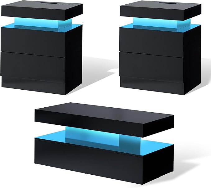 AMERLIFE High Gloss 3 Pieces Living Room Table Set, Modern LED Coffee Table Sets of 3, 2-Tier Center Table with 2 End Side Tables, LED Lights Bedside Table Nightstands with Charging Station, Black