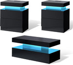Load image into Gallery viewer, AMERLIFE High Gloss 3 Pieces Living Room Table Set, Modern LED Coffee Table Sets of 3, 2-Tier Center Table with 2 End Side Tables, LED Lights Bedside Table Nightstands with Charging Station, Black