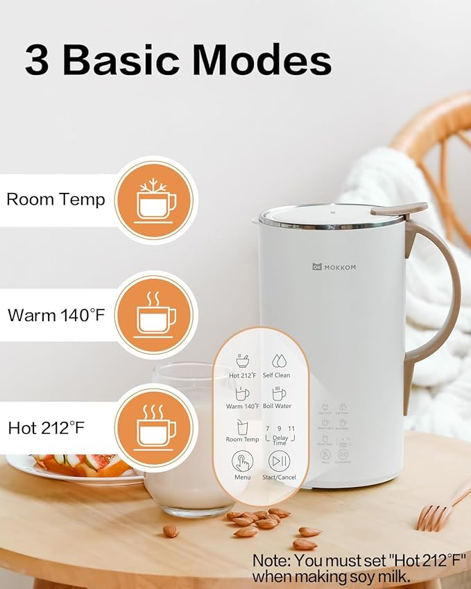 OK MOKKOM Automatic Nut Milk Maker 20 oz Soy Milk Maker, Homemade Almond, Oat, Coconut, Soy, Plant-Based Milk Dairy Free Beverages, Almond Milk Maker with Delay Start/Boild Water/Self Clean - White