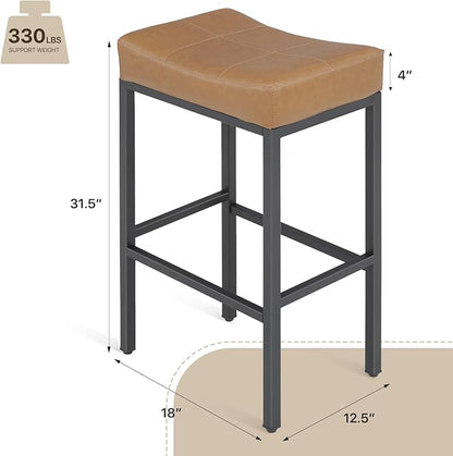 Athena Collection Counter Height Bar Stools Set of 2, 31.5 Inches Saddle Bar Stools with Leather Upholstered and Metal Legs, Backless Barstools for Counter, Kitchen Island, Dining Room, Brown