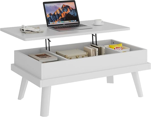 Shintenchi Coffee Table, Lift Top Coffee Table with Hidden Compartment, Rising Tabletop Dining Table, Lift Top Coffee Center Table for for Living Room, Office, Home (White)