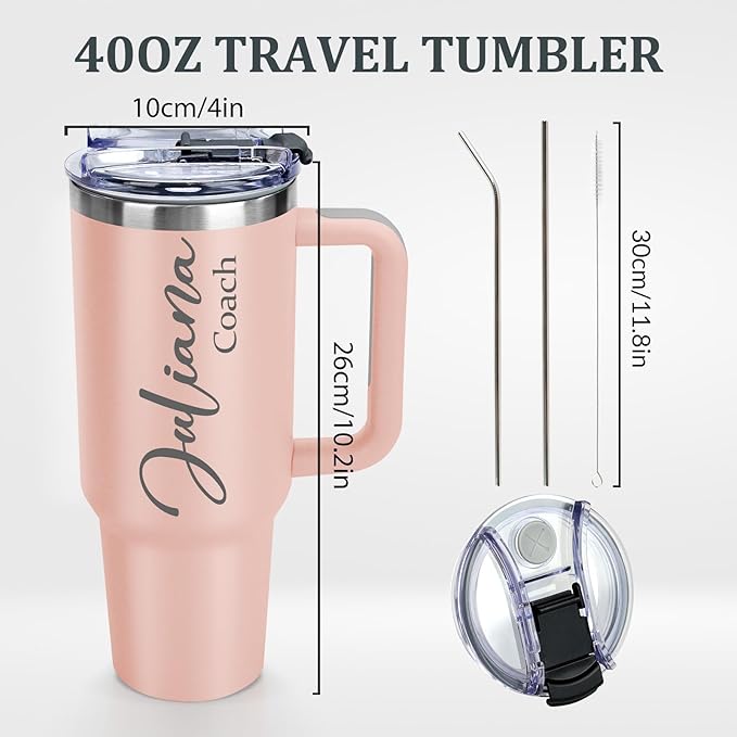 Personalized 40 Oz Tumbler with Handle, Made in USA Custom Tumbler With Name - Lid and Straw, Stainless Steel Coffee Tumbler Travel Coffee Mug Cup, Personalized Gift for Women Men Birthday