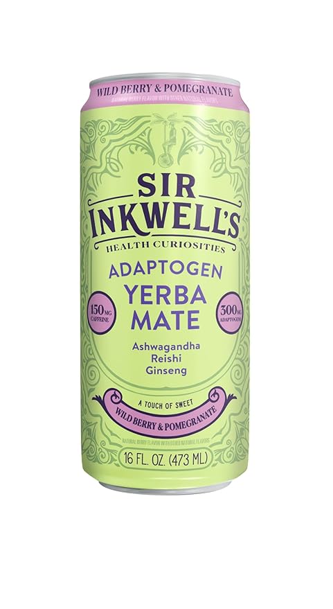 SIR INKWELL’S Adaptogen Yerba Mate Tea | Healthful Energy + Productivity 150 mg Organic Caffeine | 300mg Ashwagandha Reishi Ginseng |Non-GMO Certified | Wild Berry & Pomegranate 16oz 12pk