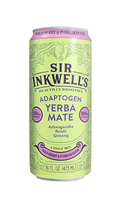 SIR INKWELL’S Adaptogen Yerba Mate Tea | Healthful Energy + Productivity 150 mg Organic Caffeine | 300mg Ashwagandha Reishi Ginseng |Non-GMO Certified | Wild Berry & Pomegranate 16oz 12pk